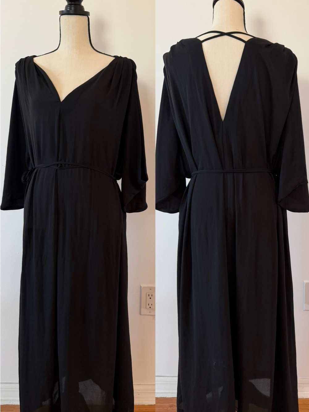 H&M Black V-Neck Long Sleeve Maxi Dress with Strappy Back